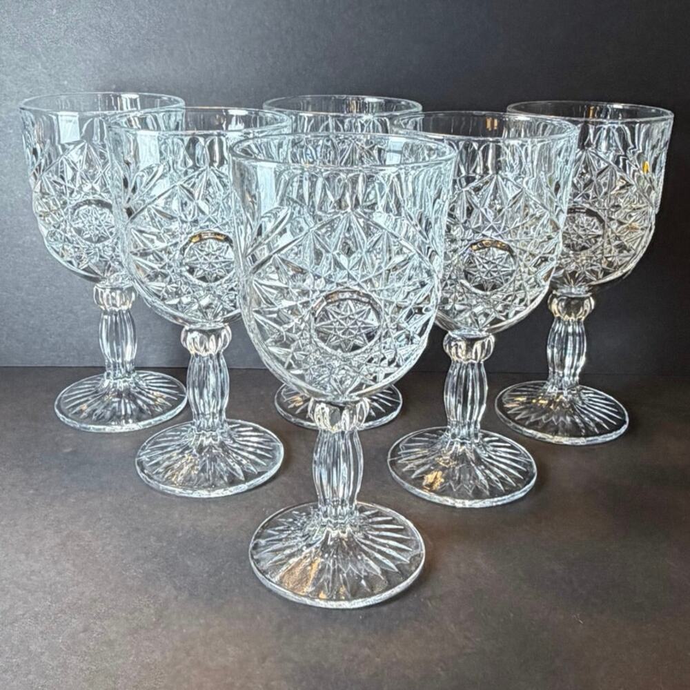 Vintage Libbey Hobstar Clear Pressed Glass Goblets - Set of 6